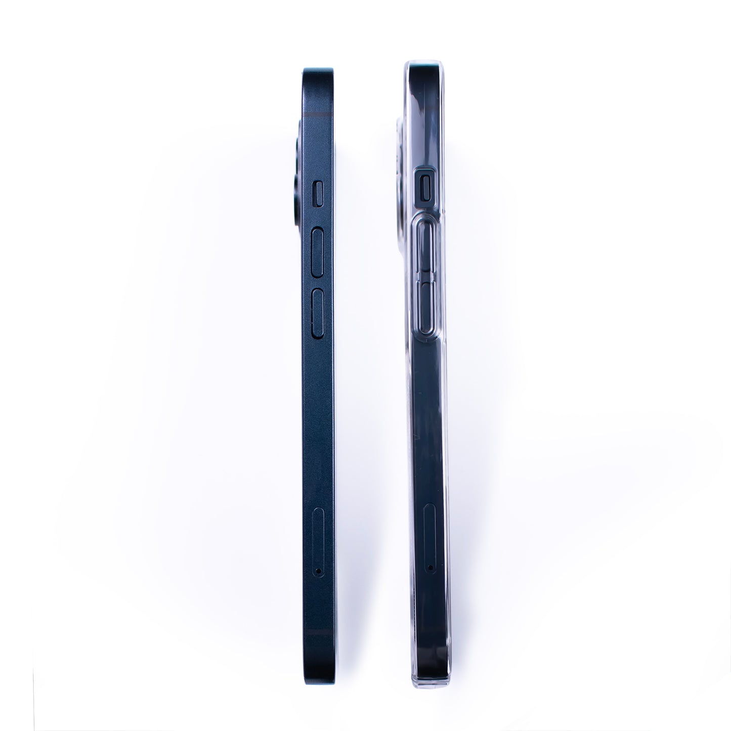 Side by side image of the SKNS CLEAR fitted to the iPhone 14 / 13 Mini & plus next to a standard iPhone highlighting the slim design