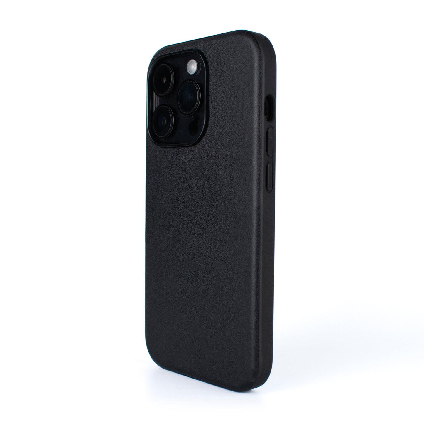 Side angled image of SKNS LEATHER Black MagSafe Case on iPhone 15 & 14 Pro max showing leather texture and slim fit