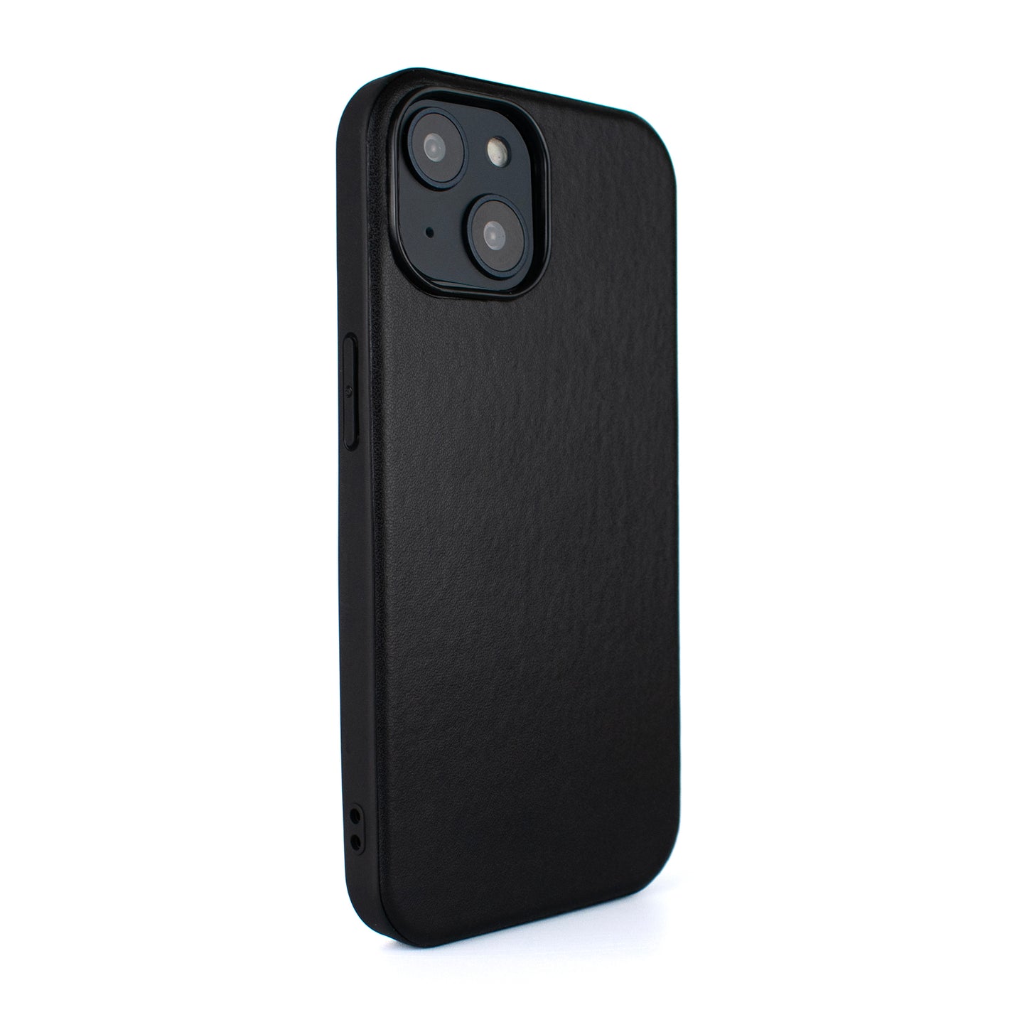 Side angled image of SKNS LEATHER black MagSafe Case on iPhone 15 & 14 Plus showing leather texture and slim fit