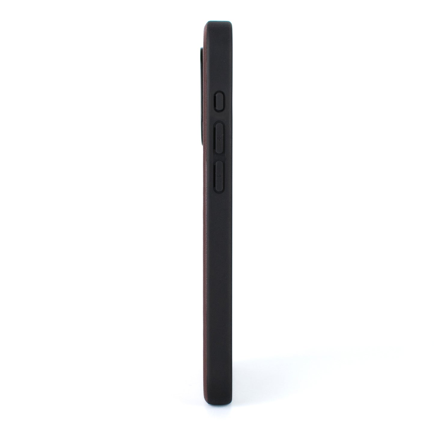 side on image of the SKNS LEATHER Brown MagSafe for the iPhone 15 Pro Max showing the slim design and button covers