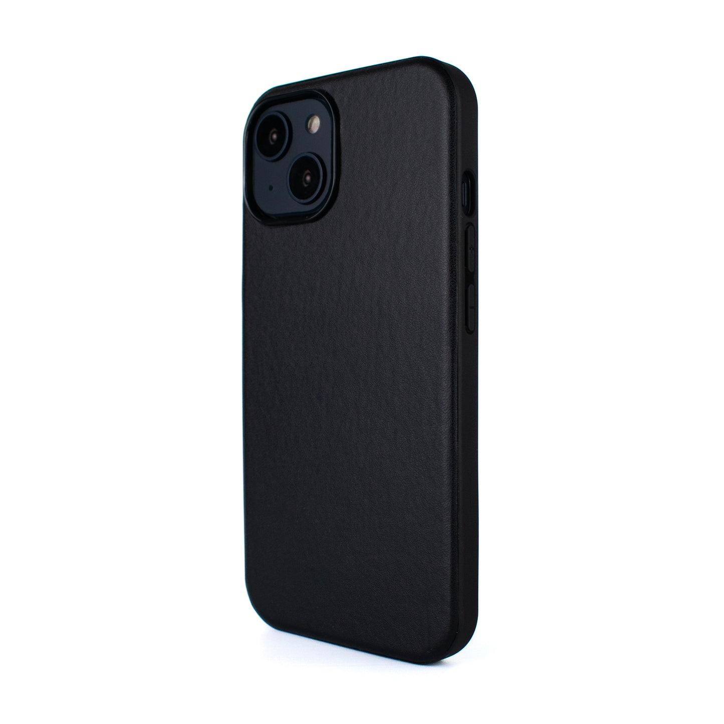 Side angled image of SKNS LEATHER black MagSafe Case on iPhone 15 & 14 Plus showing leather texture and slim fit