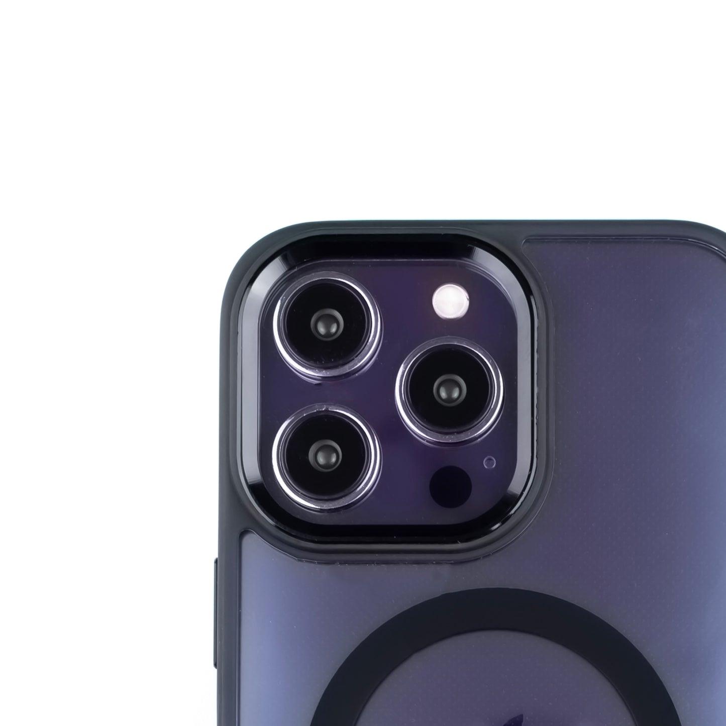 Close up image of the SKNS SHOCK Clear MagSafe Case fitted to the iPhone 14 Pro max showcasing the raised edge around the camera bump