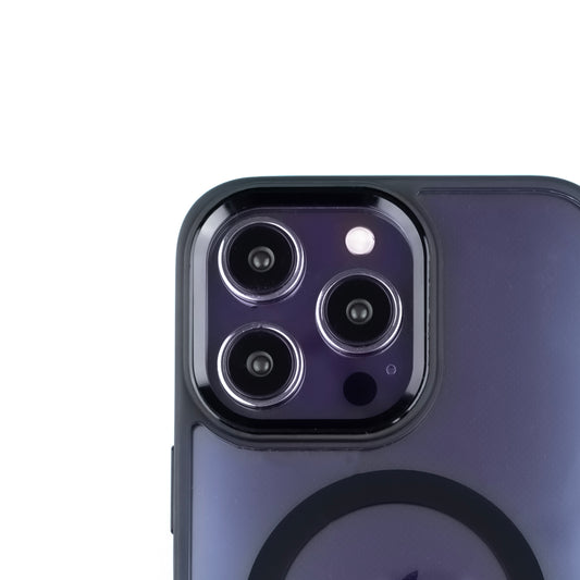 Close up image of the SKNS SHOCK Clear MagSafe Case fitted to the iPhone 14 Pro max showcasing the raised edge around the camera bump