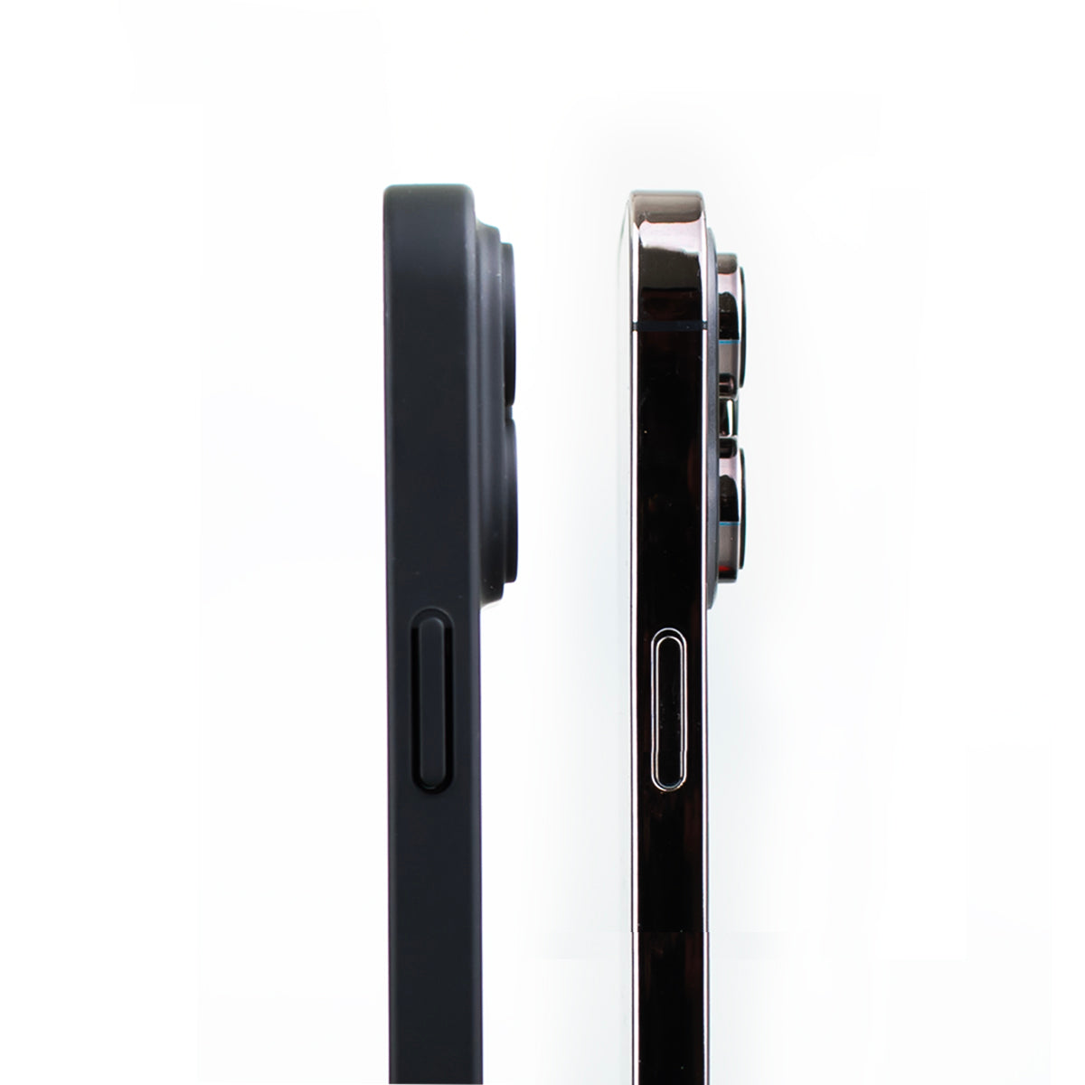 Side by side shot of the SKNS THIN v2 Case fitted to an iPhone 14 Pro Max next to another iPhone with no case highlighting the slim design