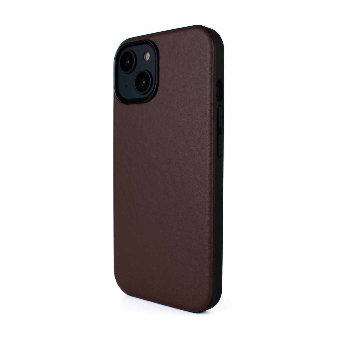 Side angled image of SKNS LEATHER Brown MagSafe Case on iPhone 15 & 14 Plus showing leather texture and slim fit