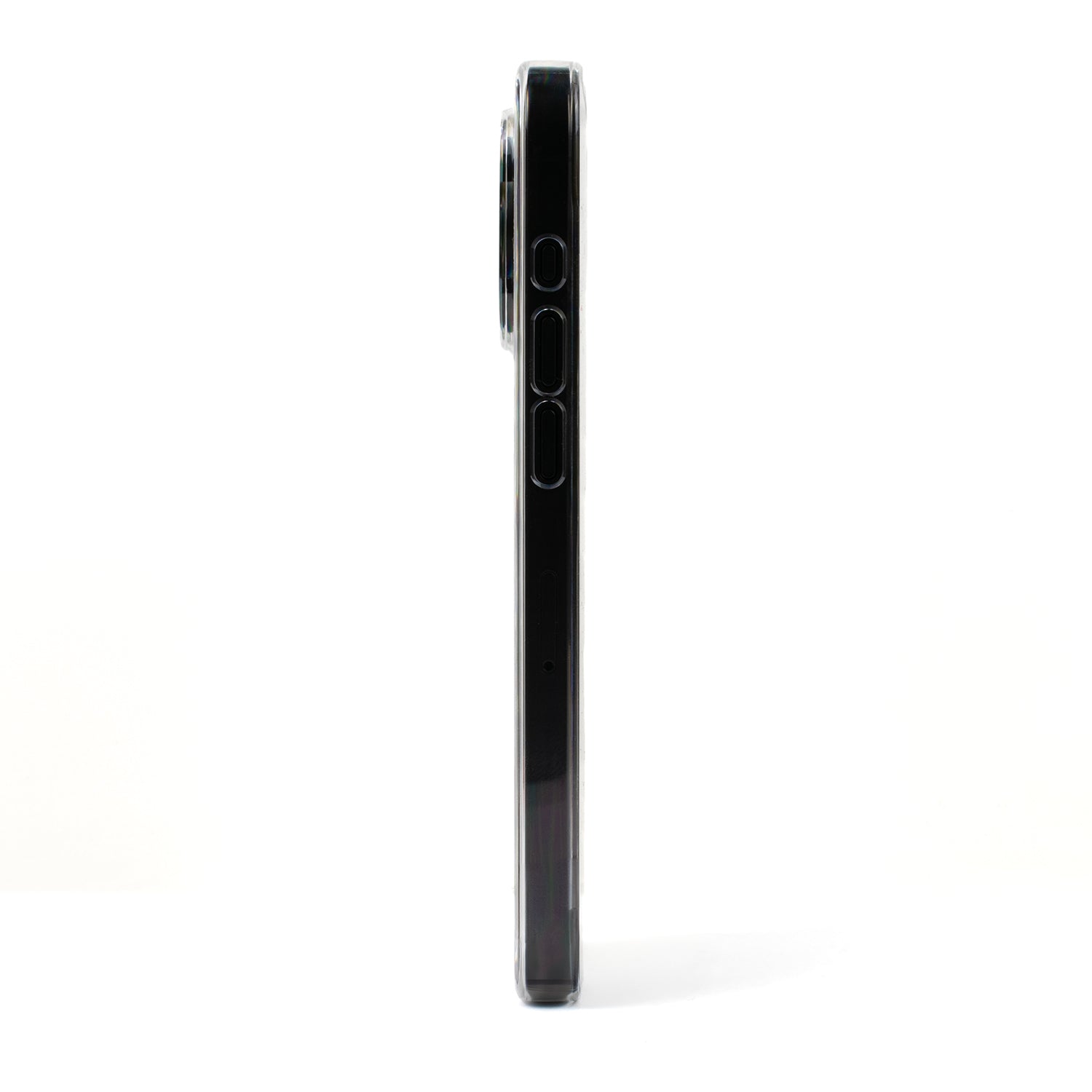 Side image of SKNS CLEAR Magnetic showing slim profile and precise cutout around volume buttons