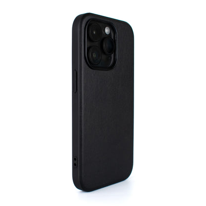 Side angled image of the black SKNS LEATHER case fitted to the iPhone 14 / 15 Pro Max highlighting the leather texture and slim design