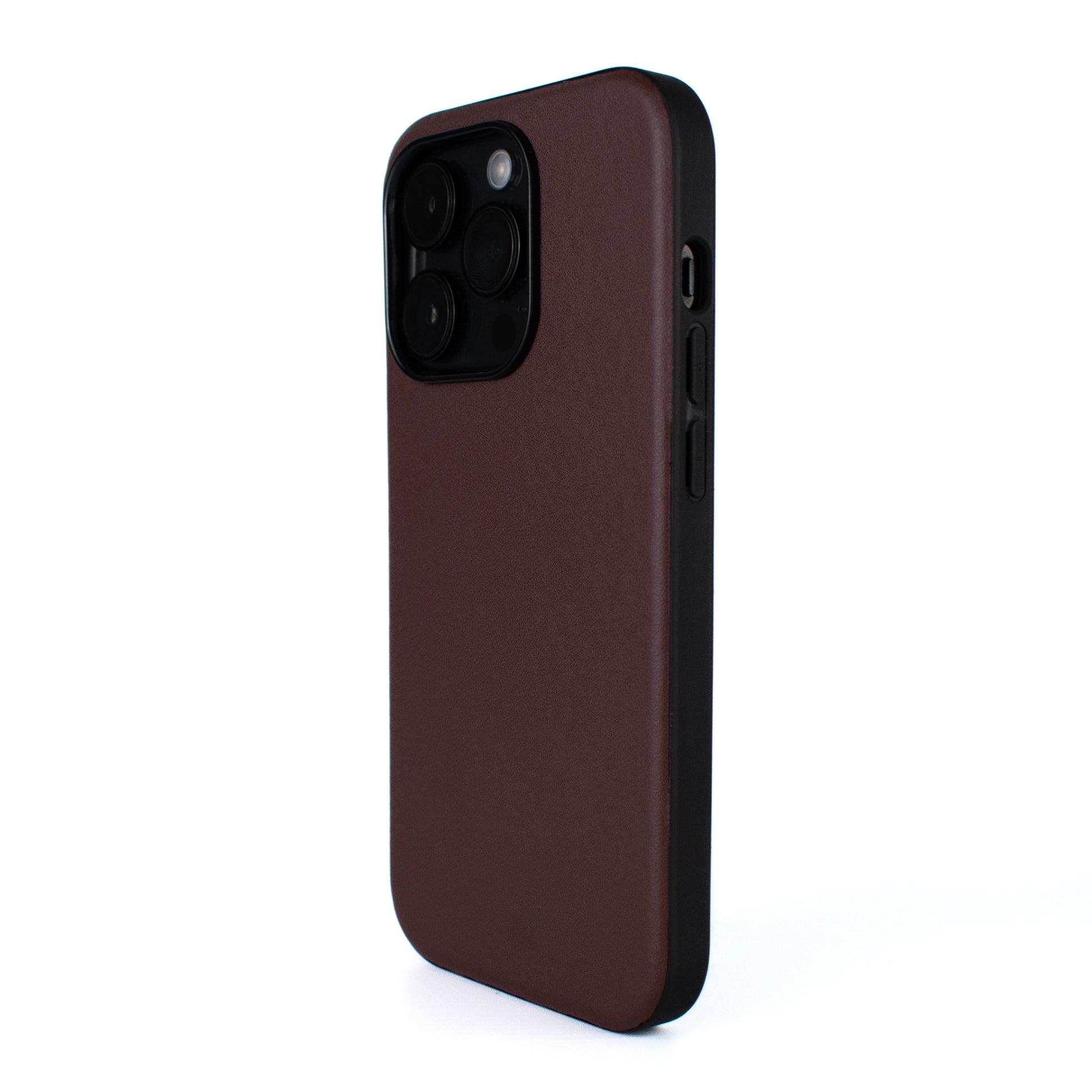 Side angled image of SKNS LEATHER Brown MagSafe Case on iPhone 15 & 14 Pro max showing leather texture and slim fit