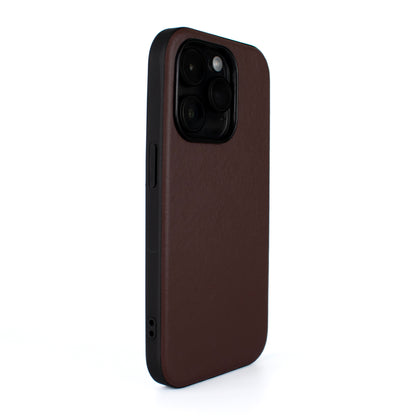 Side angled image of SKNS LEATHER Brown MagSafe Case on iPhone 14 15 Pro Max showing leather texture and slim fit