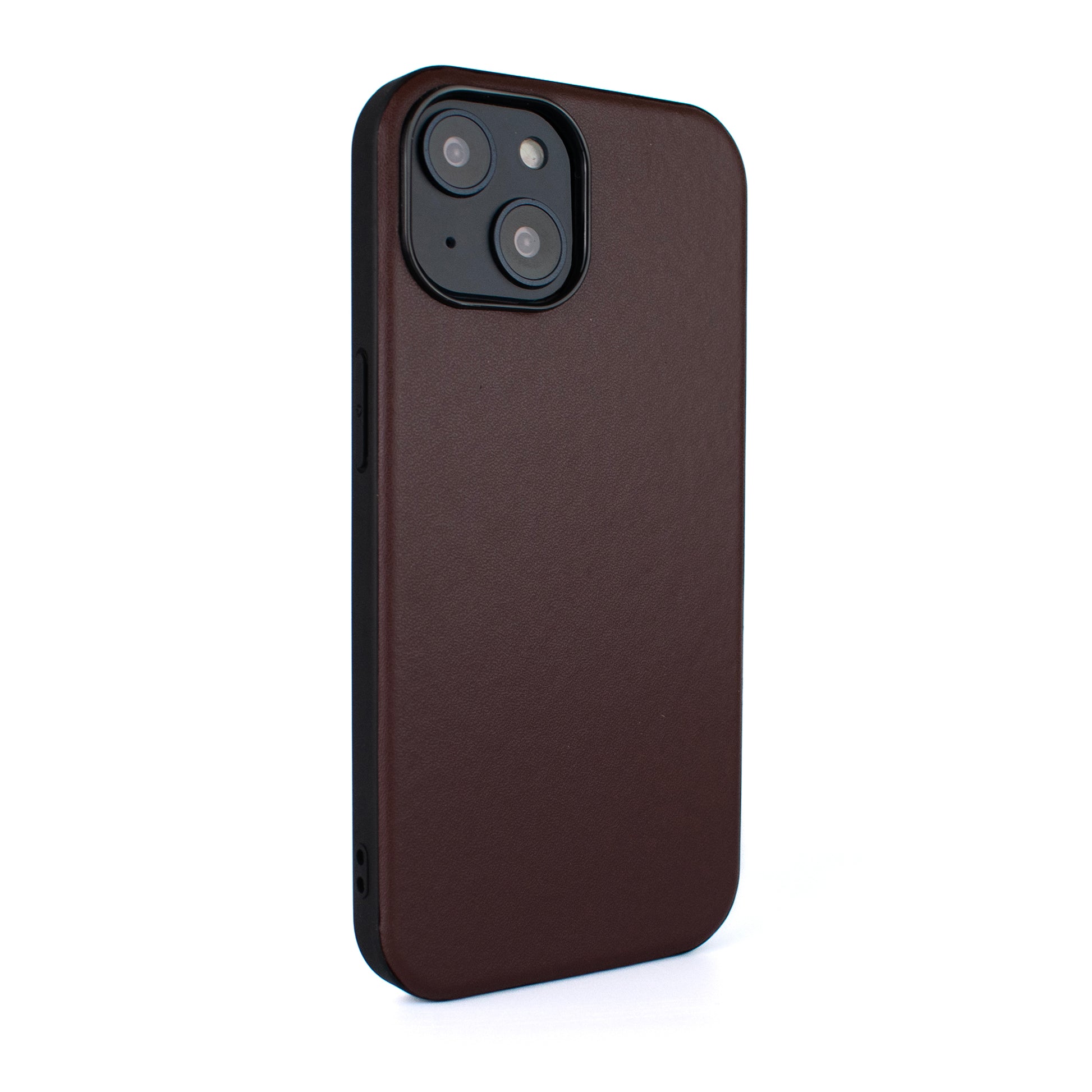  Side angled image of SKNS LEATHER Brown MagSafe Case on iPhone 15 & 14 Plus showing leather texture and slim fit