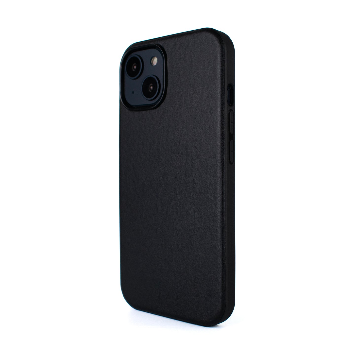  Side angled image of SKNS LEATHER black MagSafe Case on iPhone 15 & 14 Plus showing leather texture and slim fit