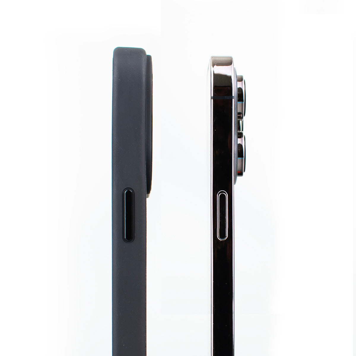  Side-by-side image of the SKNS SHOCK Case fitted onto the iPhone 14 plus & Pro Max next to another iPhone with no case highlighting the slim protective nature of the case