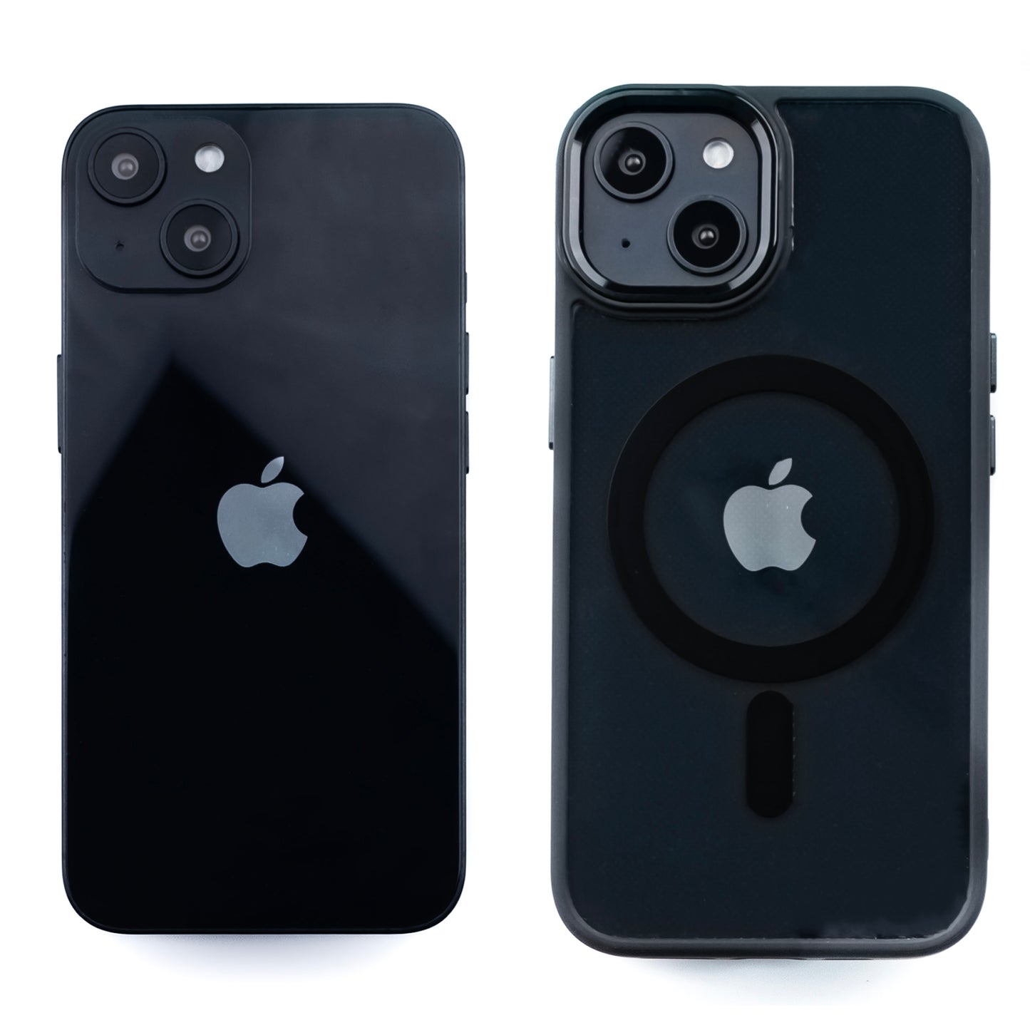 Side by side image of the SKNS SHOCK Clear Hard Case on the iPhone 14 next to a standard iPhone showing off the clear and slim design