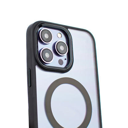 Back angled image of the SKNS SHOCK Clear MagSafe Case fitted on the iPhone 14 Pro Max showing the crystal clear back