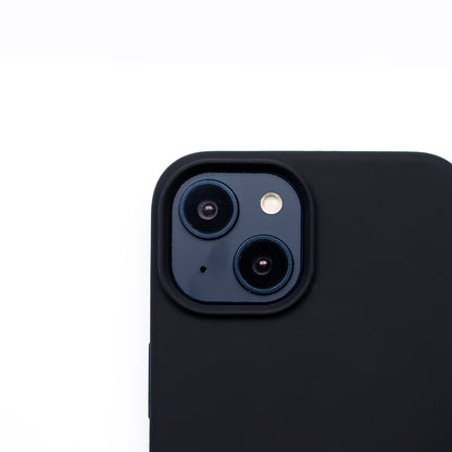 Close up image of the SKNS SILICONE case in black on the iPhone 14 showcasing the cameras raised lip