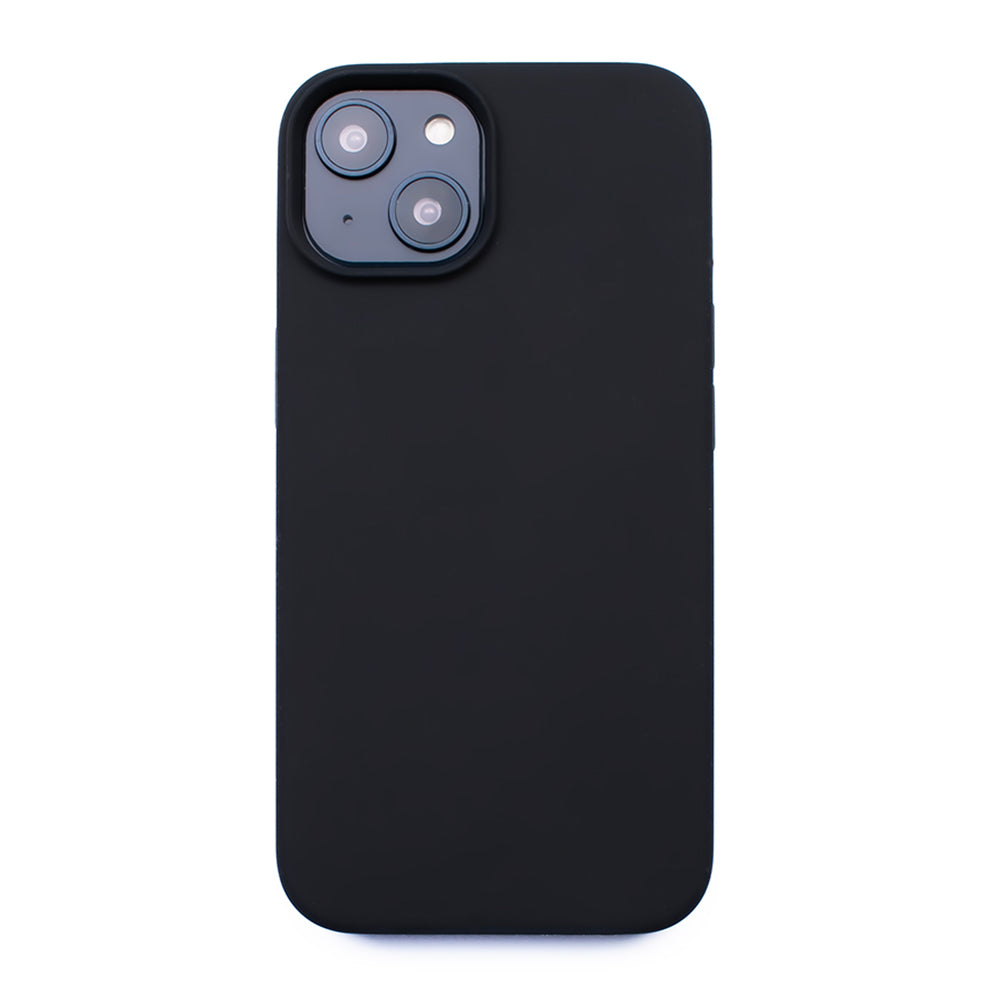 Back image of the protective Black soft touch SKNS SILICONE case fitted to the iPhone 14