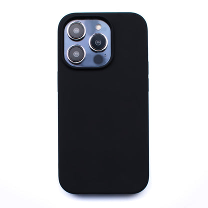 Back image of the protective Black soft touch SKNS SILICONE case fitted to the iPhone 14 Pro Max