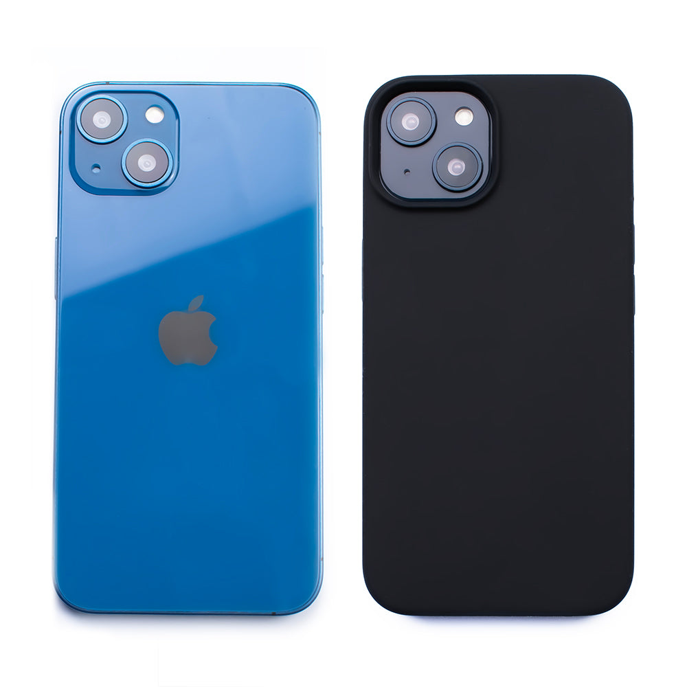 Side by side back image of the SKNS SILICONE Soft & Protective Black Case fitted to the iPhone 14 Plus next to a plain iPhone highlighting the Protective slim design