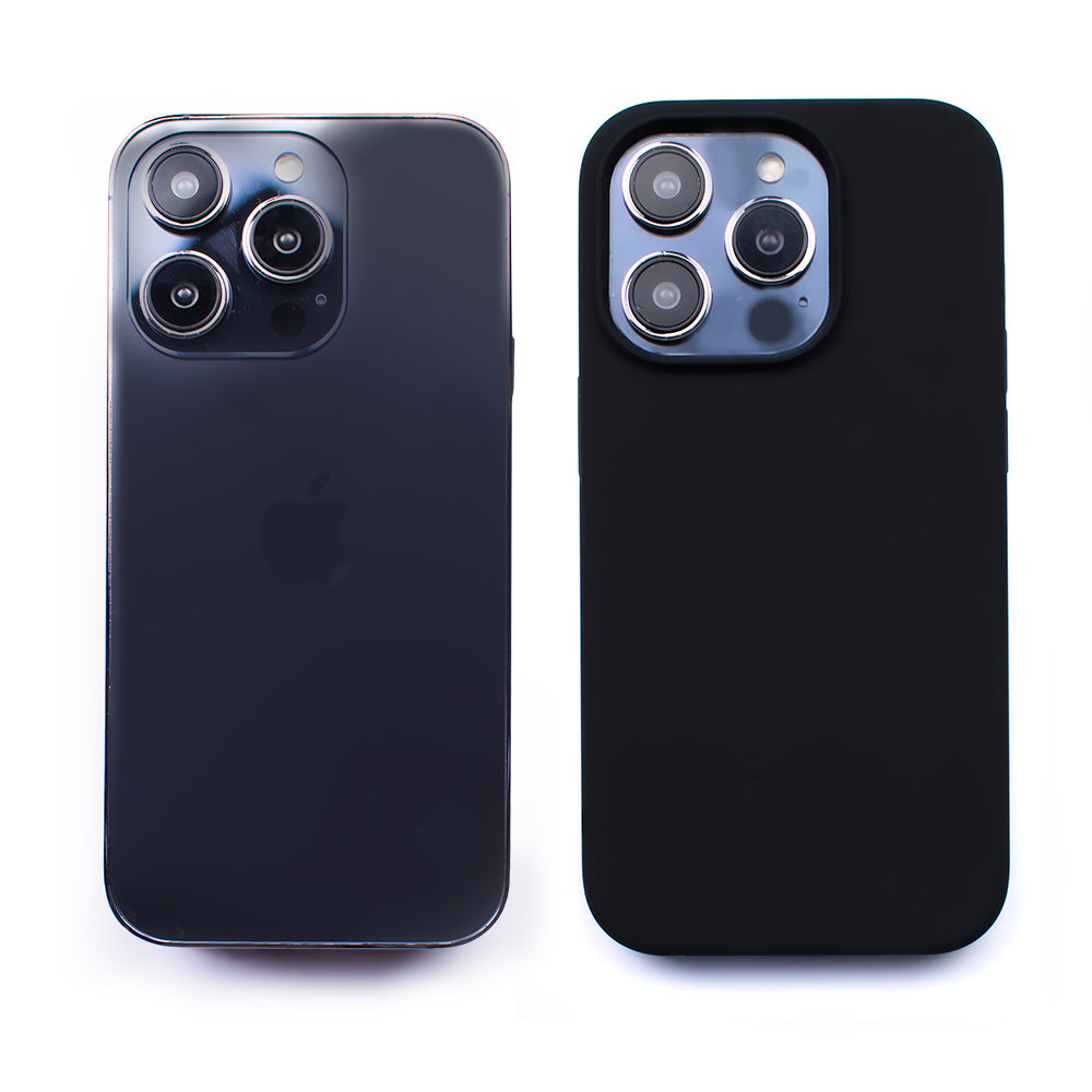 Side by side back image of the SKNS SILICONE Soft & Protective Black Case fitted to the iPhone 14 Pro max next to a plain iPhone highlighting the Protective slim design