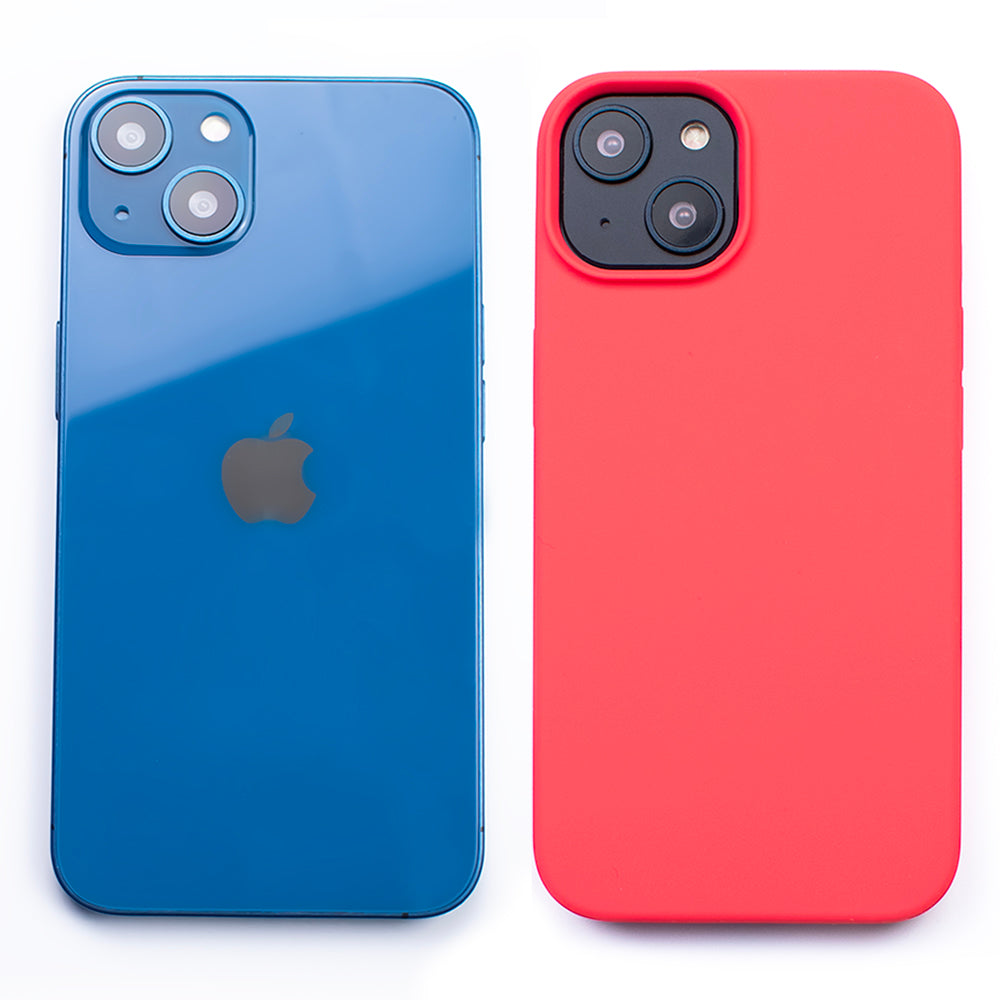 Side by side back image of the SKNS SILICONE Soft & Protective Blood Orange Case fitted to the iPhone 14 Plus next to a plain iPhone highlighting the Protective slim design