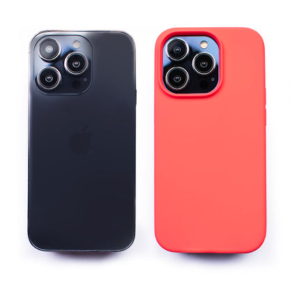 Side by side back image of the SKNS SILICONE Soft & Protective Blood Orange Case fitted to the iPhone 14 Pro Max next to a plain iPhone highlighting the Protective slim design