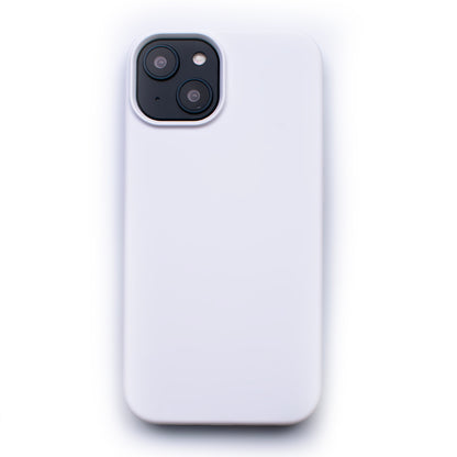 Back image of the protective Ice White soft touch SKNS SILICONE case fitted to the iPhone 14 Plus