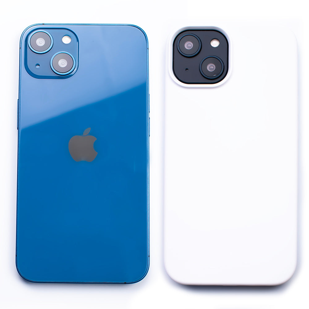 Side by side back image of the SKNS SILICONE Soft & Protective Ice White Case fitted to the iPhone 14 Plus next to a plain iPhone highlighting the Protective slim design