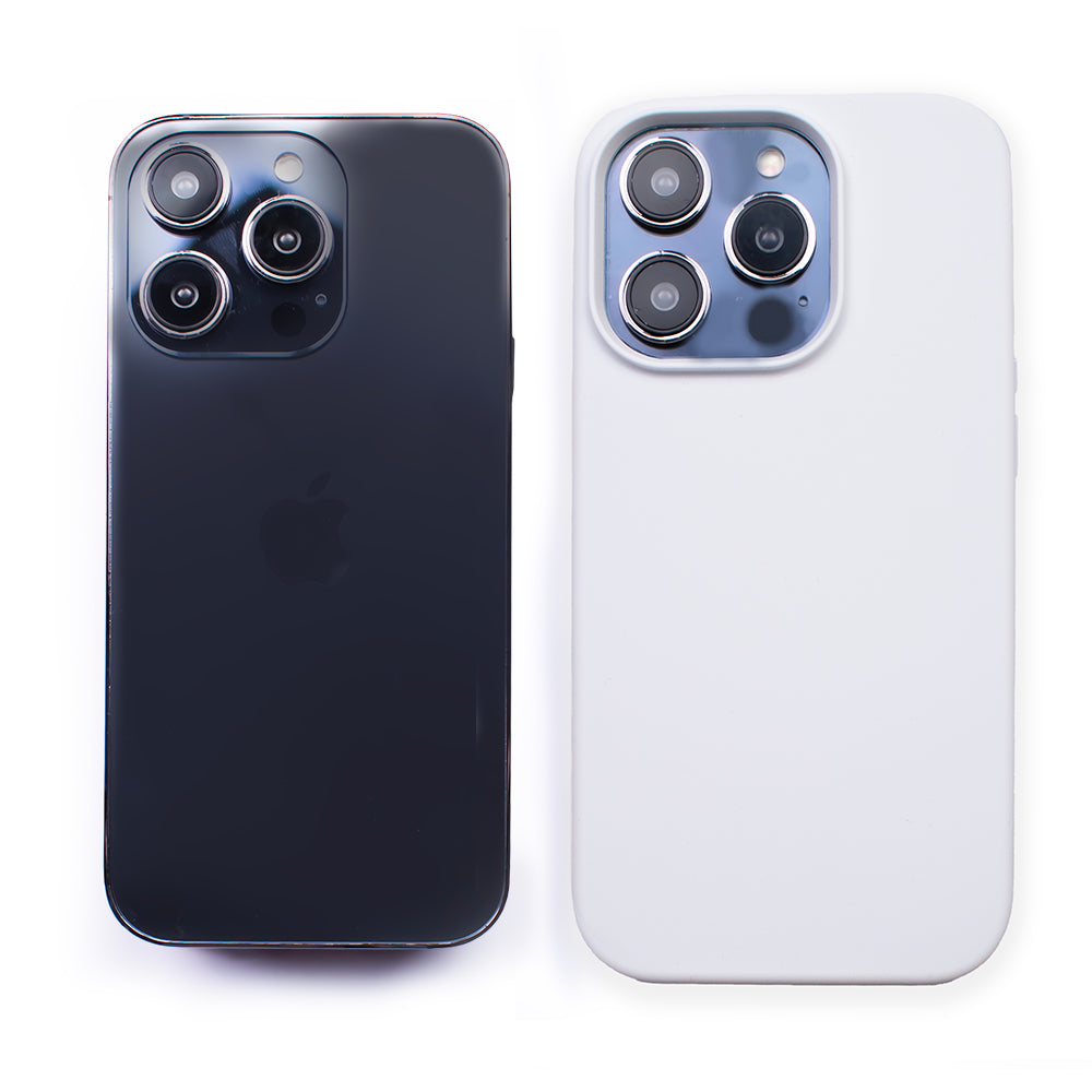 Side by side back image of the SKNS SILICONE Soft & Protective Ice White Case fitted to the iPhone 14 Pro Max next to a plain iPhone highlighting the Protective slim design