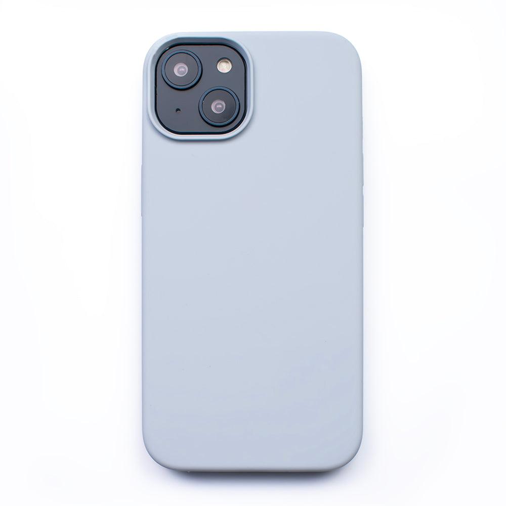 Back image of the protective Powder Blue soft touch SKNS SILICONE case fitted to the iPhone 14 Plus