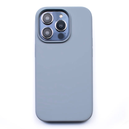 Back image of the protective Powder Blue soft touch SKNS SILICONE case fitted to the iPhone 14 Pro & Max