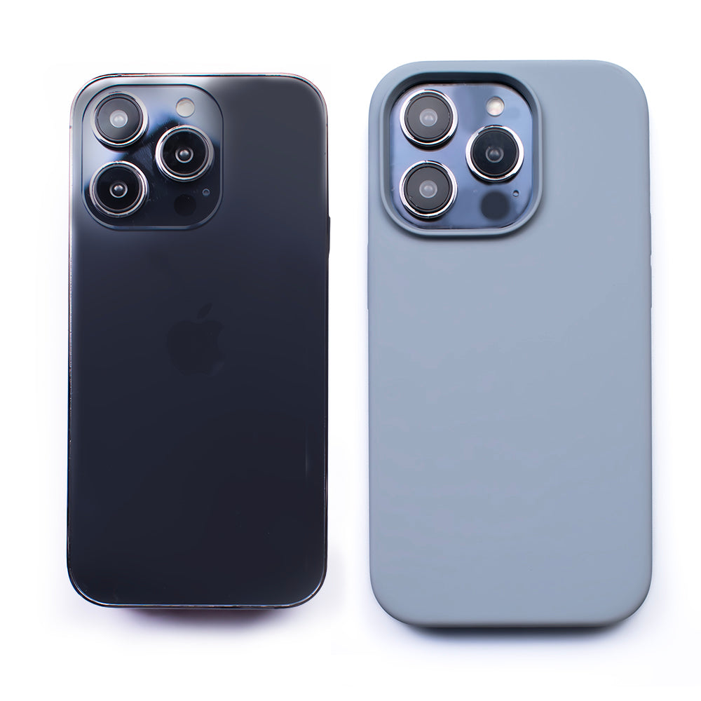 Side by side back image of the SKNS SILICONE Soft & Protective Powder Blue Case fitted to the iPhone 14 Pro Max next to a plain iPhone highlighting the Protective slim design