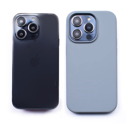 Side by side back image of the SKNS SILICONE Soft & Protective Powder Blue Case fitted to the iPhone 14 Pro Max next to a plain iPhone highlighting the Protective slim design