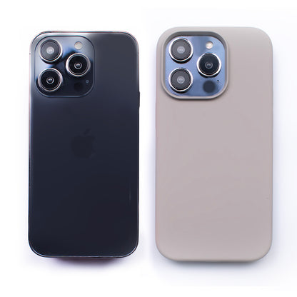 Side by side back image of the SKNS SILICONE Soft & Protective Slate Case fitted to the iPhone 14 Pro Max next to a plain iPhone highlighting the Protective slim design