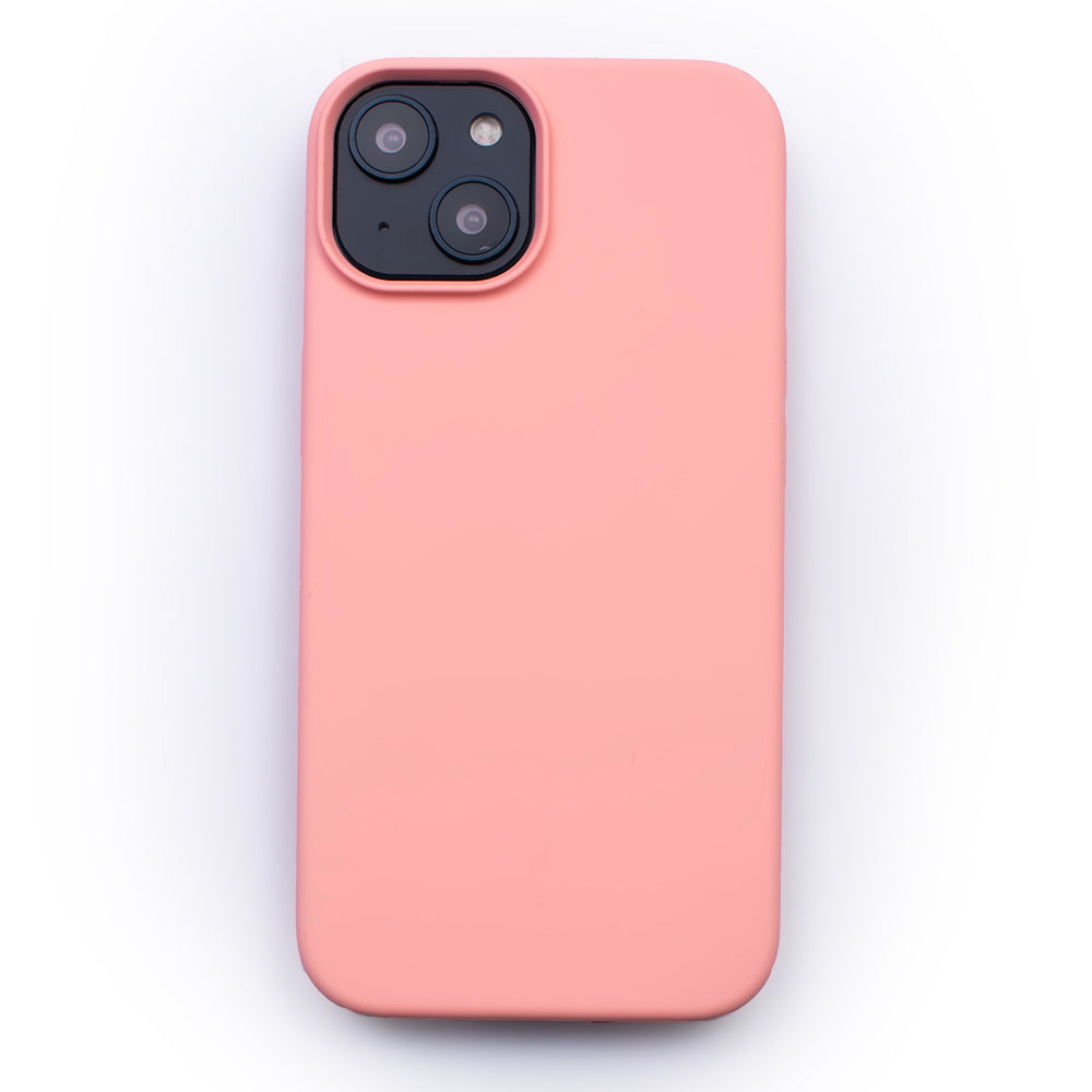 Back image of the protective Soft Pink soft touch SKNS SILICONE case fitted to the iPhone 14 Plus