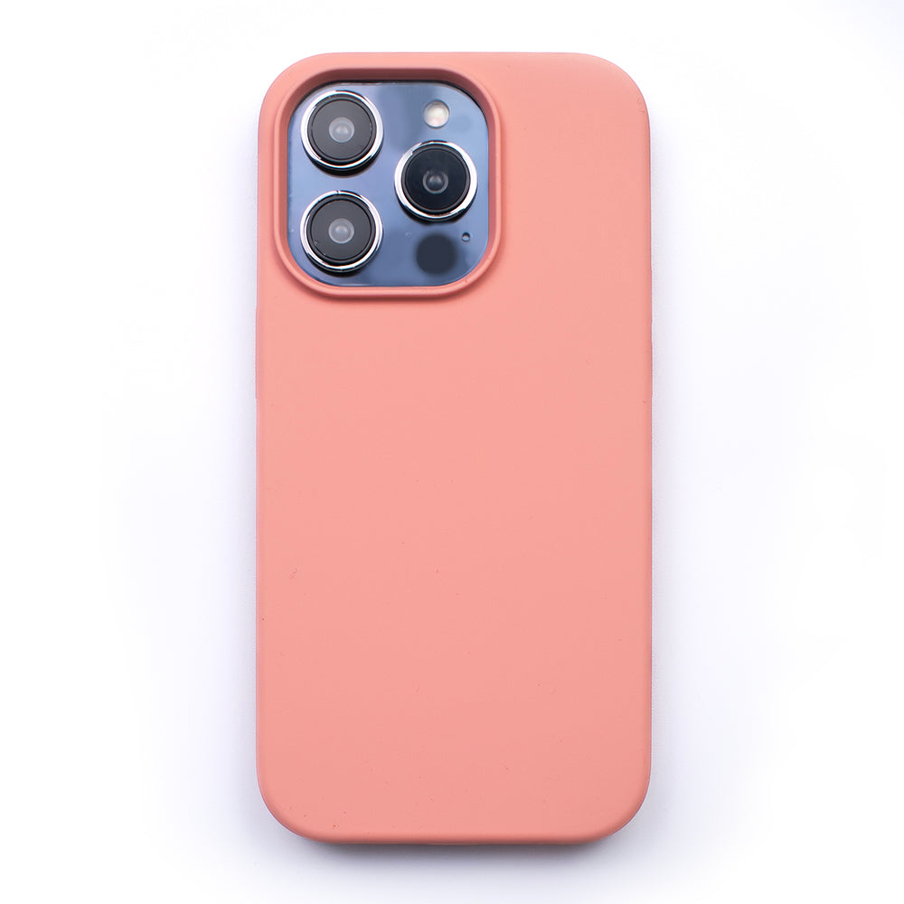 Back image of the protective Soft Pink soft touch SKNS SILICONE case fitted to the iPhone 14 Pro & Max