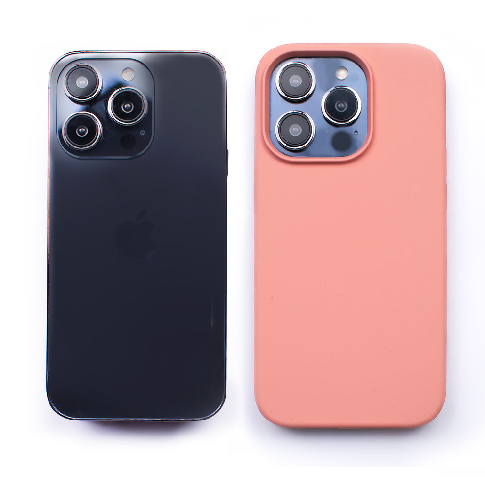 Side by side back image of the SKNS SILICONE Soft & Protective Soft Pink Case fitted to the iPhone 14 Pro Max next to a plain iPhone highlighting the Protective slim design