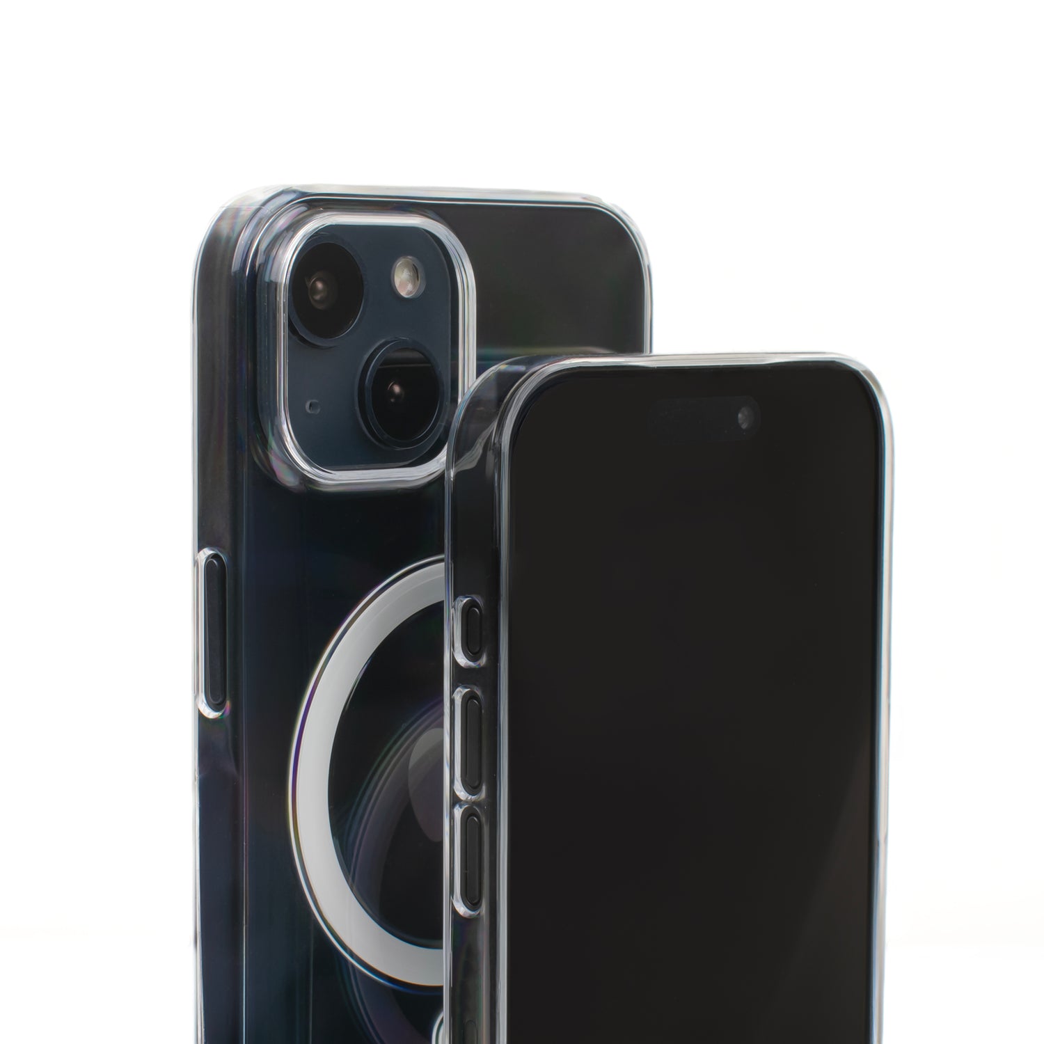 side by side image of skns clear magnetic case fitted to two iphone 15's showcasing the ultra thin minimalist design