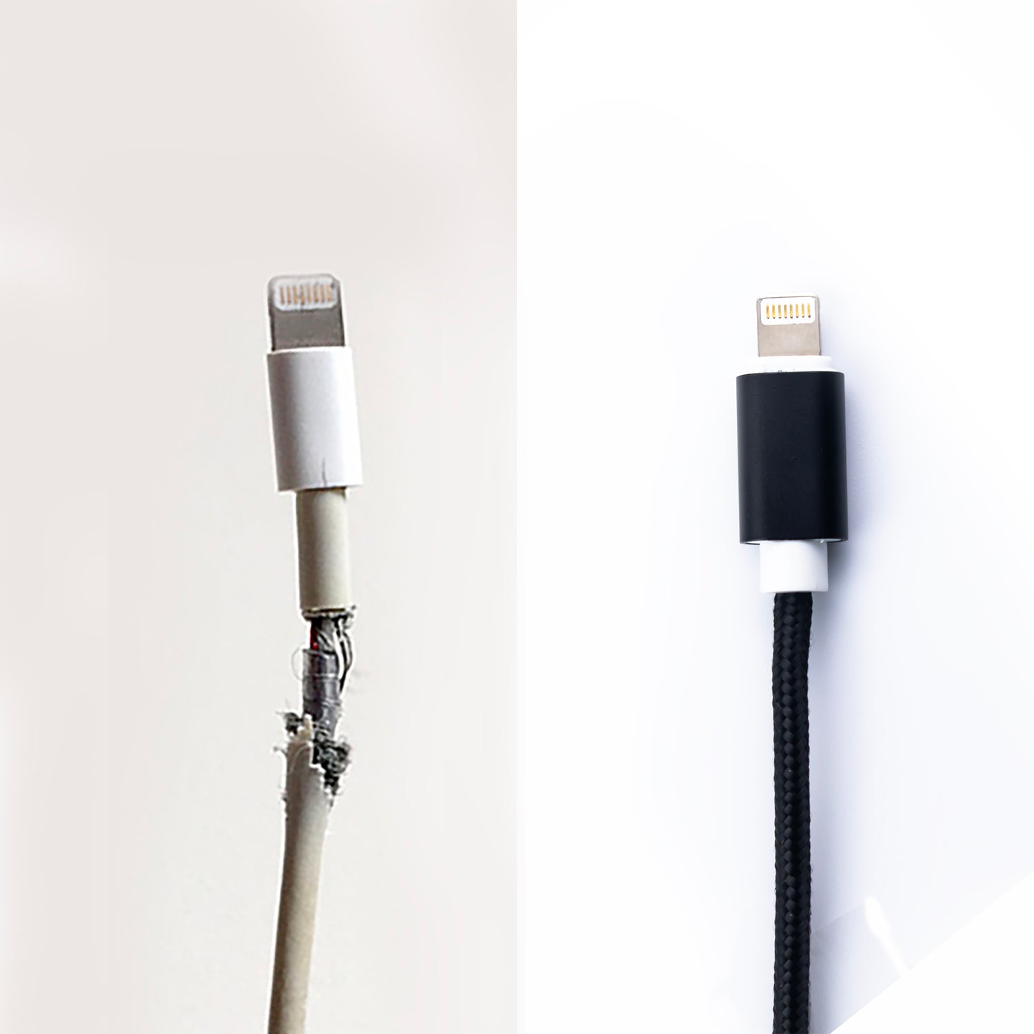 side by side image of the SKNS Lightning cable next to a genuine apple lightning cable showing the protective benefits of the nylon weave