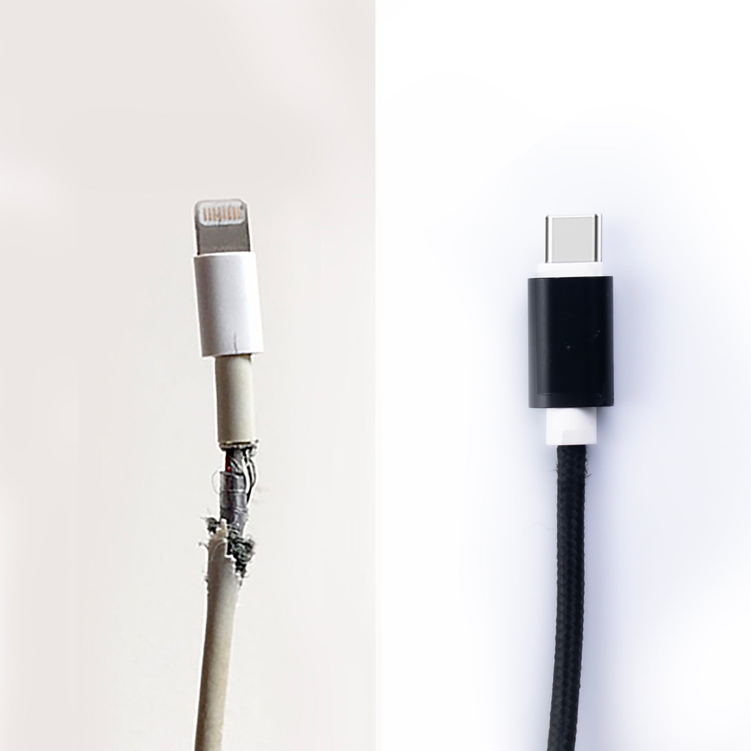 Side by side image of the SKNS Micro Usb/USB C nylon braided cable next to a damaged standard cable showing the protective benefits