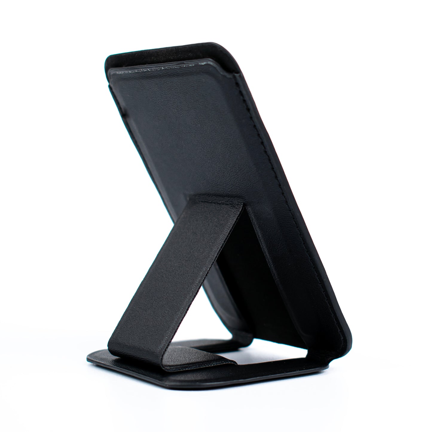 Front angled image of the Black SKNS Wallet with stand unfolded