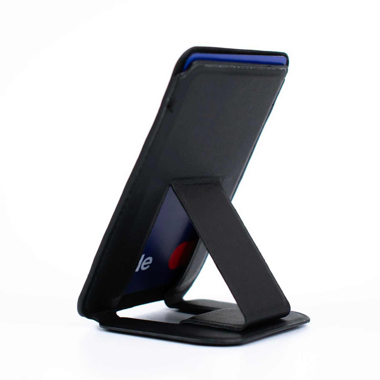 Front angled image of the Black SKNS Wallet with Stand unfolded