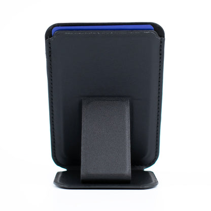 Front image of the Black SKNS Wallet with stand unfolded