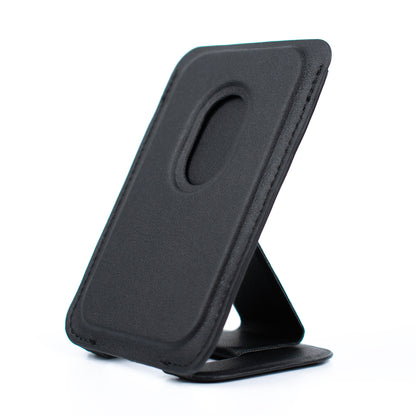 Back angled image of SKNS Black Wallet with Stand unfolded