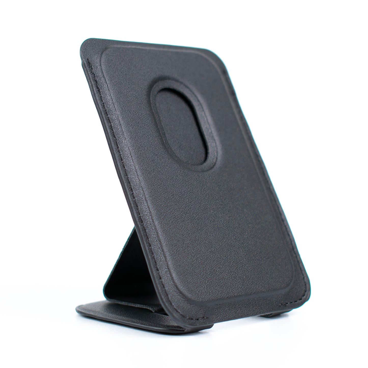 Back angled image of the SKNS Black Wallet with stand unfolded