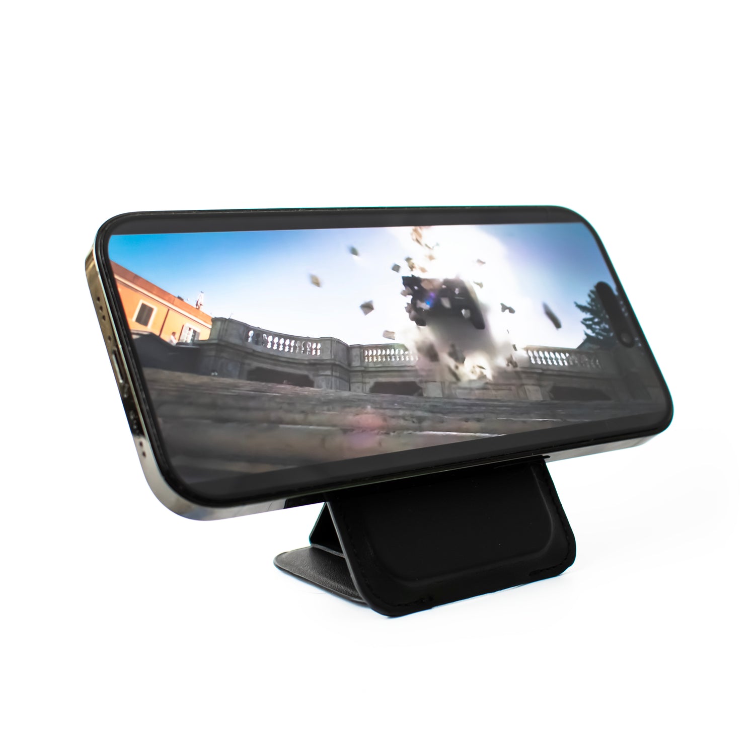 showcase image of the black SKNS Wallet connected through magsafe onto iPhone 14 holding it horizontally through the stand with a movie on screen