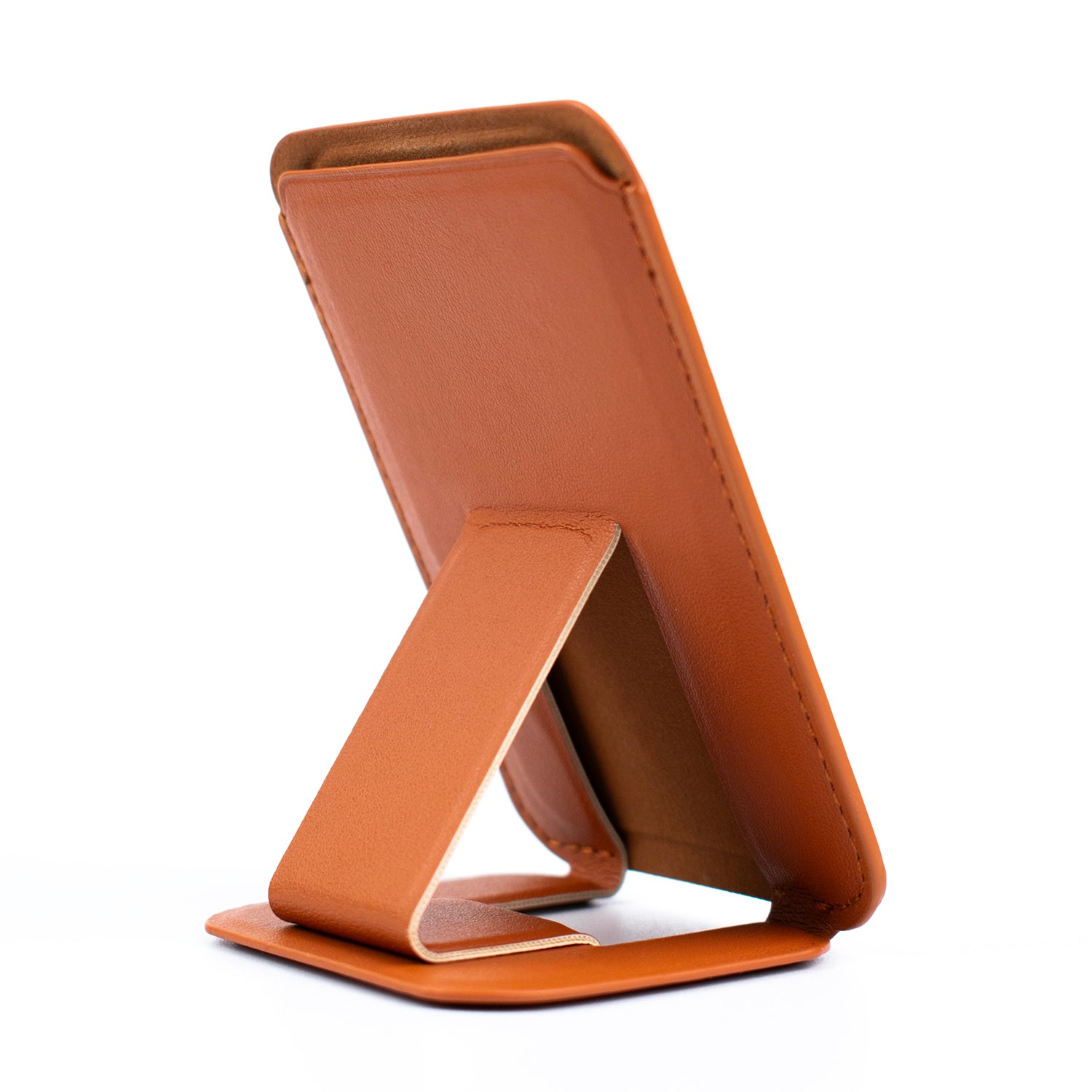 Front angled image of the SKNS Tan Wallet with stand unfolded