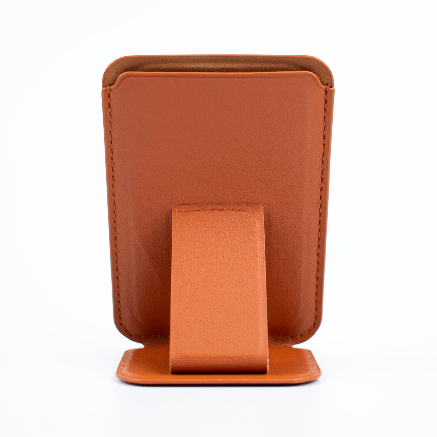 Front image of the SKNS Tan Wallet with stand unfolded