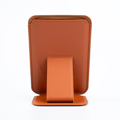 Front image of the SKNS Tan Wallet with stand unfolded