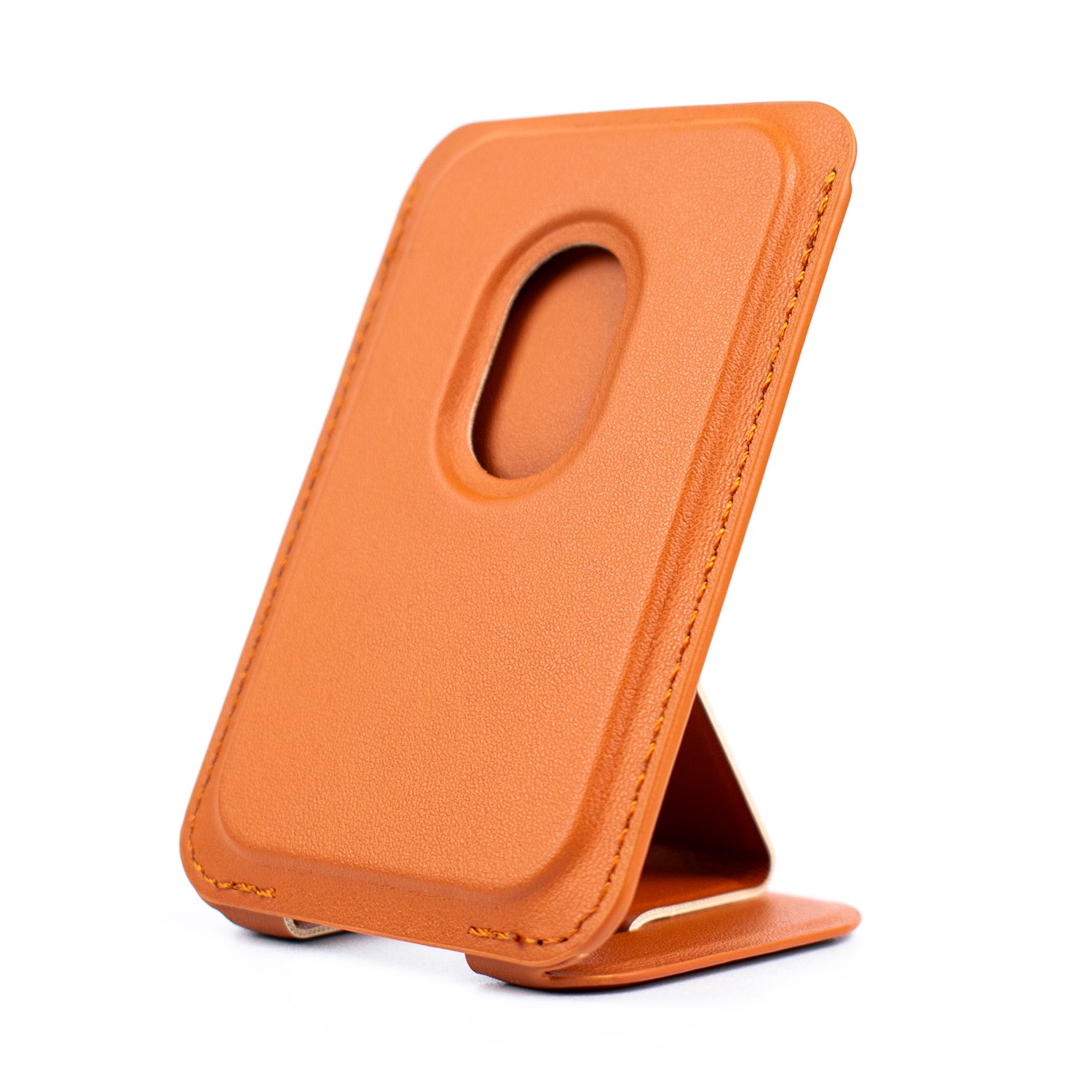 angled image of the SKNS Tan Wallet on its stand