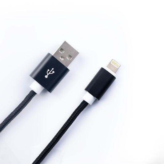 Close up image of the SKNS nylon braided Lightning cable and USB connector along with the metal conductor in black